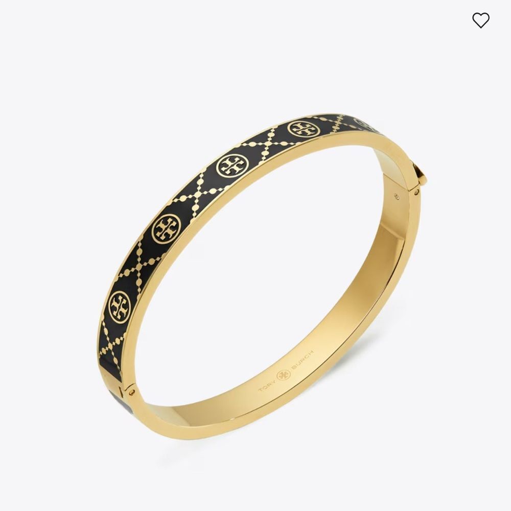 TORY BURCH MONOGRAM HINGE BRACELET BLACK AND GOLD LOGO BANGLE